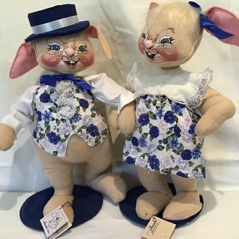 Annalee 1999 18" Spring Bunny Girl AND Boy Rabbits - Set of 2 Plush Dolls